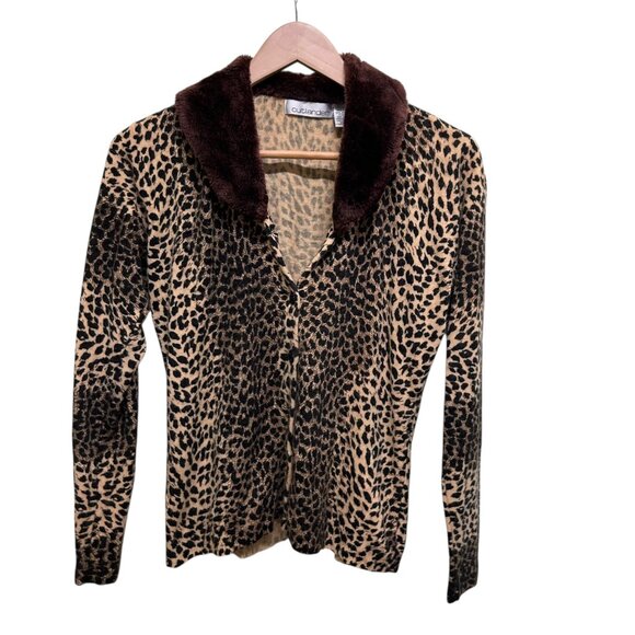 Outlander Brown Faux Fur Animal Print Button Front Cardigan Size M - Picture 2 of 5